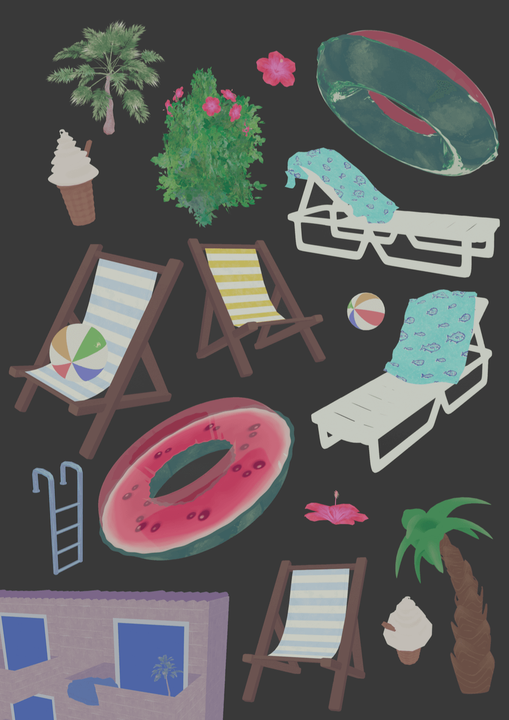 Various assets from my short film 'Last Summer', Poolside scene